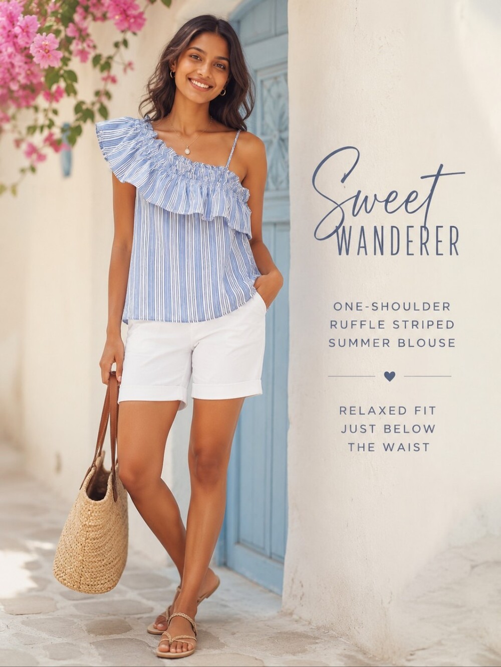 Sweet Wanderer 1 Shoulder Ruffled neck Blue/Wh Stripe top  Sz L 12-14